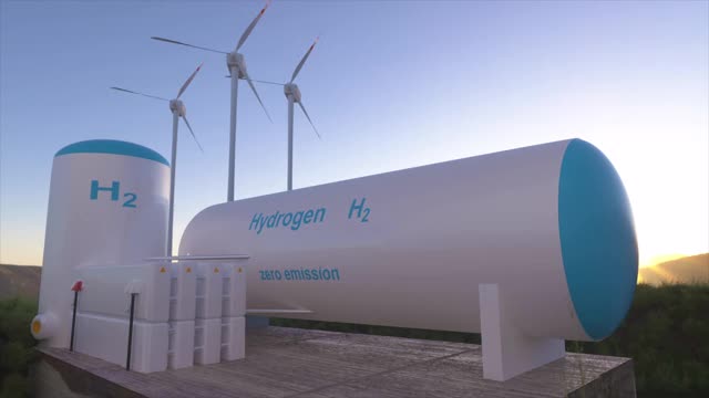 氢可再生能源生产-用于清洁电力、太阳能和风力涡轮机设施的氢气视频素材