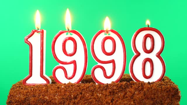 蛋糕与数字1998点燃蜡烛。上个世纪的日期。色度键。绿色的屏幕。孤立的视频下载