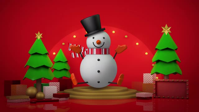 雪人旋转和挥手的圣诞舞台动画视频素材