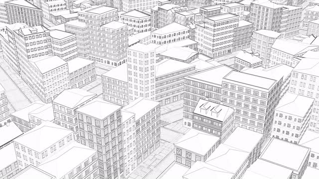 3d绘制城市俯视图线艺术蓝图素描城镇4k视频下载