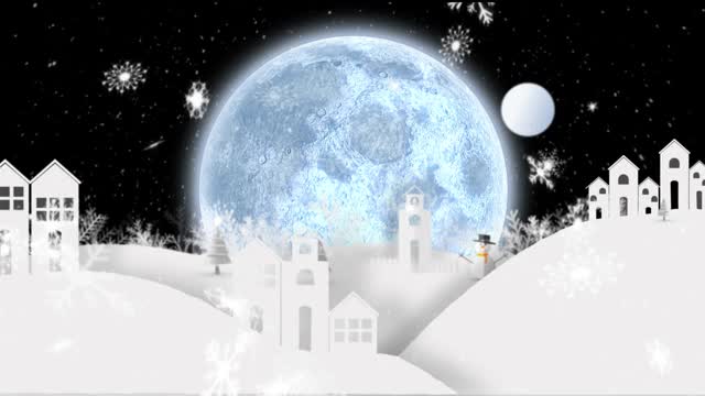圣诞老人在驯鹿拉雪橇的动画，满月的黑色背景视频素材