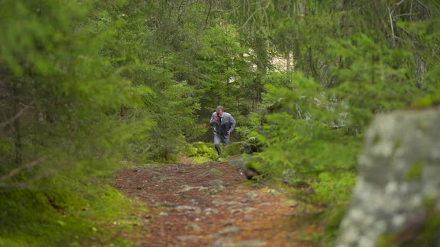 一个穿着灰色西装的商人一边打电话一边在绿色森林里的小路上跑步视频素材