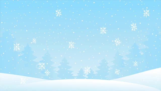 卡通2D镜头为圣诞节和新年。弹跳魔术礼盒与礼物在雪林。喜庆冬天动画，雪花飘落，雪花飘飘。圣诞快乐文本。视频素材