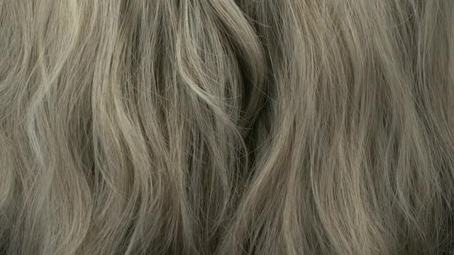 慢动作美丽的金发灰色长光滑卷曲的头发纹理背景。视频下载