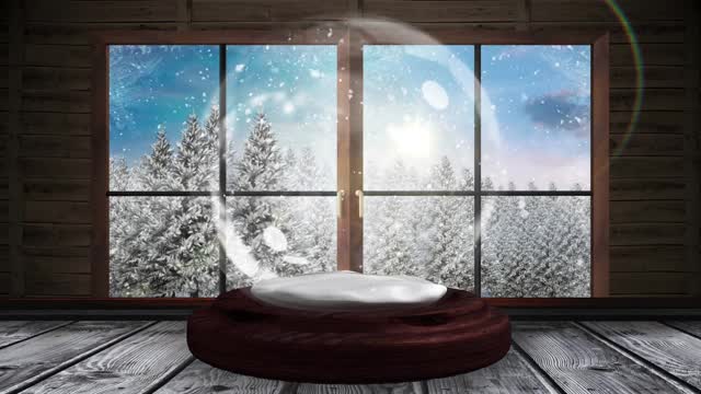 动画雪花球与圣诞树和冬天的风景透过窗户看到视频下载