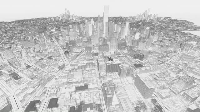 飞行在素描城市与直升机经过摩天大楼，4K视频下载