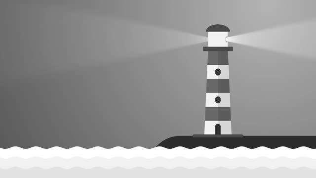 一座小岛上古老的沿海灯塔照亮大海，为船只导航。塔上的一盏强光灯向远处照去。无限循环运动背景。视频下载