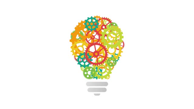 带彩色齿轮的灯泡。创新和理念的概念。商业，企业，社会和技术运动背景。视频素材