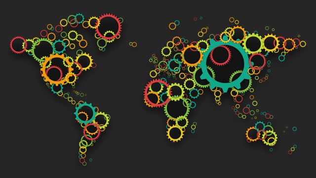 彩色齿轮制作全球地图。经济、社会或政治合作。全局团队运动背景。视频下载