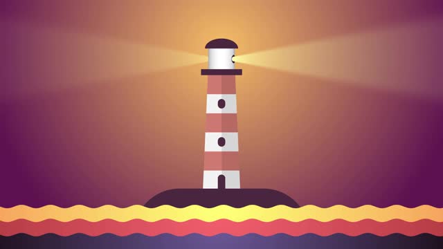 小岛上的海岸灯塔照亮大海，安全地为船只导航。安全解决方案搜索符号。美丽的夕阳色彩。无限循环运动背景。视频下载