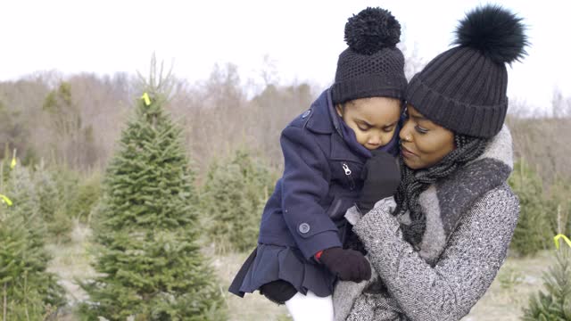 在圣诞树农场，一位美丽的母亲拥抱着她的小女儿视频素材