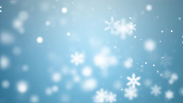 抽象背景为圣诞庆祝和装饰雪花落下，雪和粒子视频覆盖在黑暗的背景上，具有景深效果视频素材