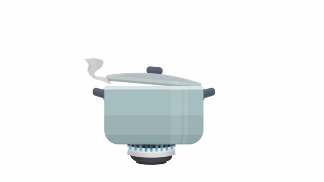 在煤气灶上沸腾的锅的动画。卡通视频下载