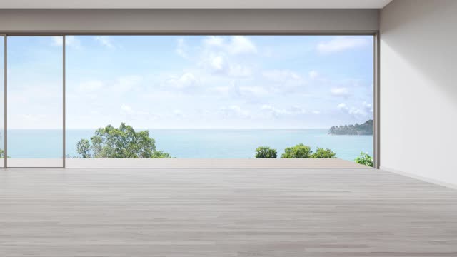 现代住宅或豪华别墅的大客厅空木地板上的空白墙。视频下载
