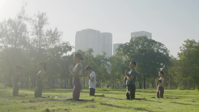 六人组的混合年龄的人在城市的公共公园做瑜伽姿势叫骆驼姿势，健身，运动，瑜伽和健康的生活方式的概念视频素材