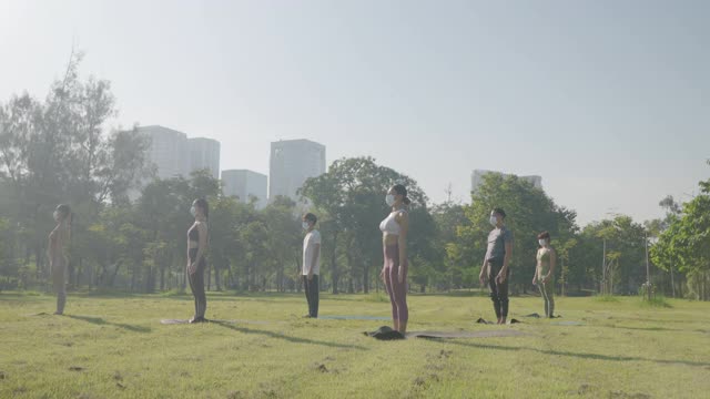 一组六人混合年龄的人在城市的公共公园做瑜伽姿势叫眼镜蛇姿势健身，运动，瑜伽和健康的生活方式概念视频素材