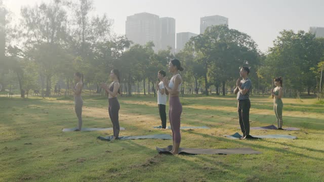 六人组混合年龄的人在城市的公共公园里做瑜伽姿势叫勇士1姿势，以健身、运动、瑜伽和健康的生活方式理念视频素材