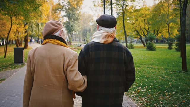 年老的妻子和丈夫在优雅的外套拥抱和微笑在秋天公园浪漫散步视频下载