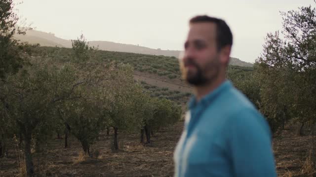 年轻的农民在橄榄树之间的肖像视频素材