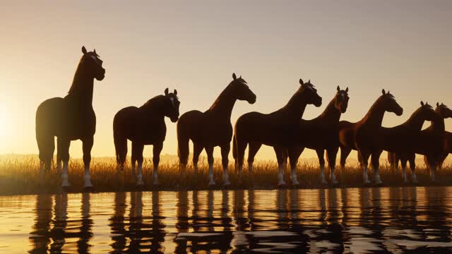 在一个朦胧的夏夜，一群野马站在河边的剪影视频素材