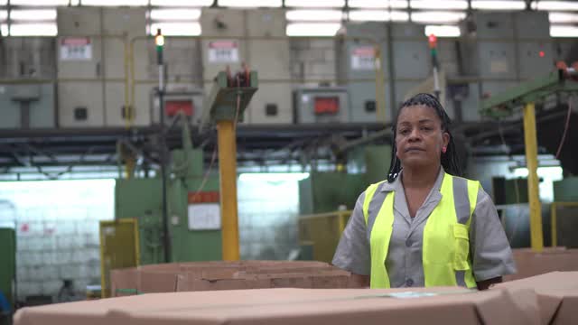 一个在仓库工作的成熟女人的肖像视频素材