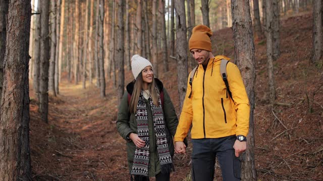 年轻夫妇手牵着手在美丽的秋日徒步旅行视频素材