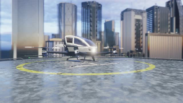 无人驾驶的乘客无人机为客户的召唤做出了改变。未来无人驾驶空中出租车的概念。动画的3D渲染。视频素材