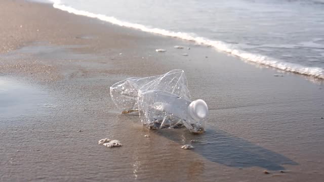 在海滩上用手捡塑料瓶。视频素材
