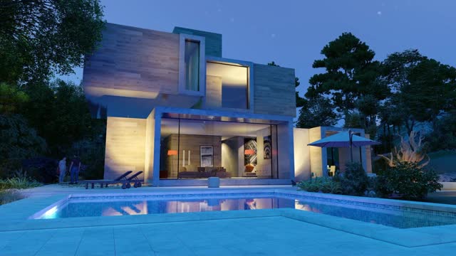 一个现代的立方体房子，游泳池和花园在晚上的动画视频下载