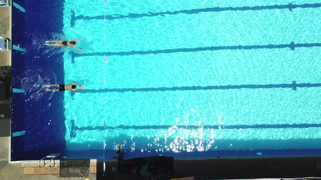 正上方无人机拍摄亚洲华人游泳运动员在游泳池游泳视频素材