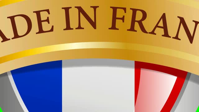 法国制造，盾牌上有旗帜，丝带上有文字。色度键与复制空间。二维动画。剪辑素材4k为Gif视频下载