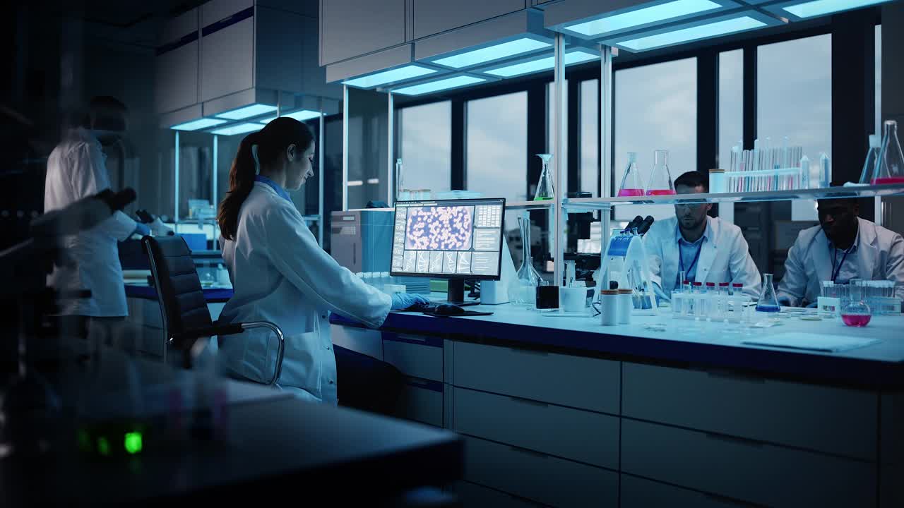 现代医学研究实验室:多样化的科学家团队在计算机上工作，生物化学分析，谈话。医学、生物技术发展高级科学实验室。深蓝色镜头视频下载