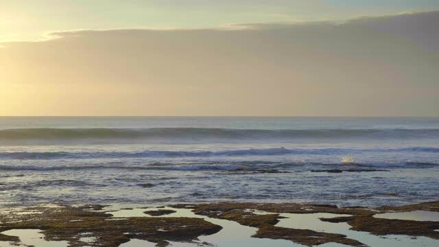 在日落时，巨浪与溅起的褐色海床和海藻的高潮汐海滩的慢动作视频下载