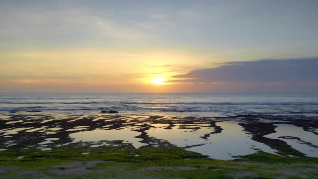 日落的海滩在低潮与高浪礁与棕色和绿色的海藻视频下载