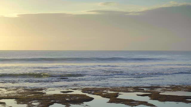 在日落时，巨浪与溅起的褐色海床和海藻的高潮汐海滩的慢动作视频下载