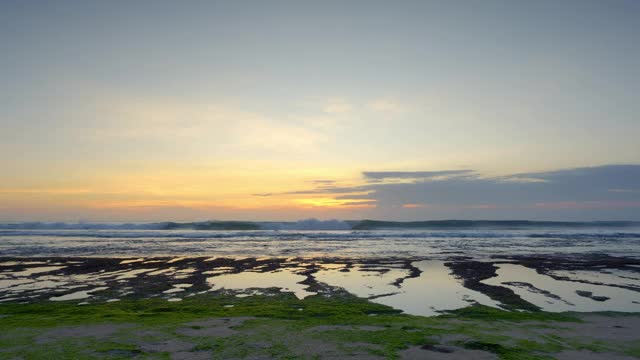 美丽的日落海洋全景在低潮与高浪礁与棕色和绿色的海藻视频下载