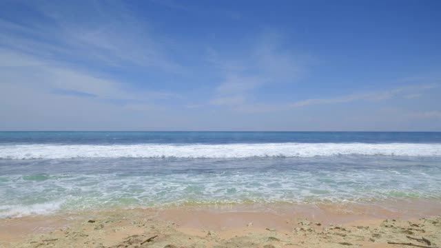 在阳光明媚的日子里，岩石海滩上的高潮海浪期间的海洋全景视频下载