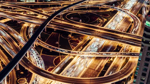 天桥和城市交通夜间鸟瞰图/迪拜，阿联酋视频下载