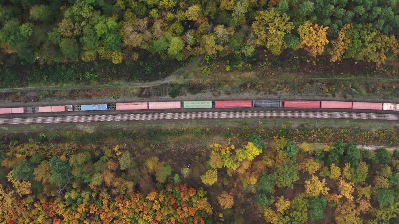 货运列车在美丽的秋季森林中穿行的鸟瞰图。视频下载