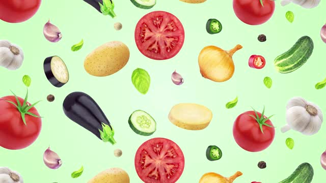 混合蔬菜切片在一个平坦的背景。五颜六色的新鲜番茄、土豆、黄瓜、茄子、大蒜、辣椒、洋葱片旋转、旋转、动画。新鲜，健康饮食，素食，有机，自然，秩序，农业的概念视频素材