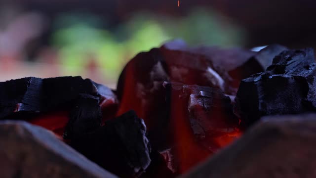 慢镜头红火火焰燃烧木炭为烹饪食物，近火煤火焰发光高温，热热量为烧烤或烤食物视频素材