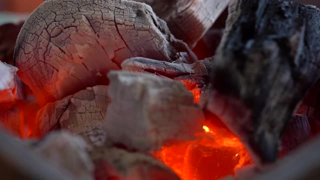 慢镜头红色火焰燃烧在木炭上烹饪食物视频素材