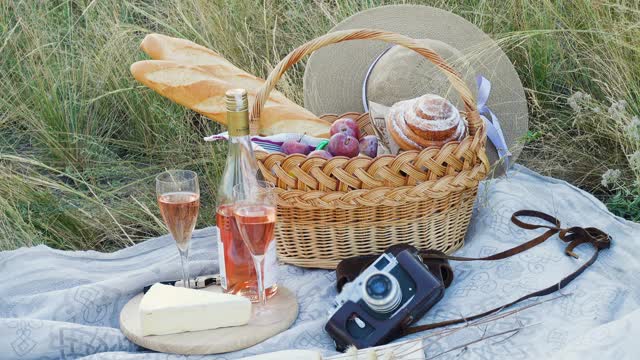 野地草地上放着野餐篮子，里面装着食物和一瓶酒视频下载