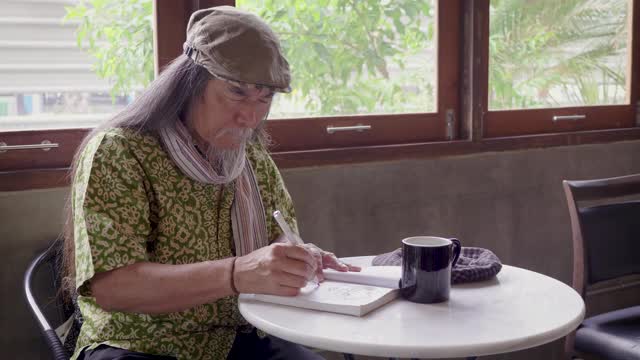 画像的亚洲资深男子与钢笔，而坐在咖啡馆咖啡馆视频下载