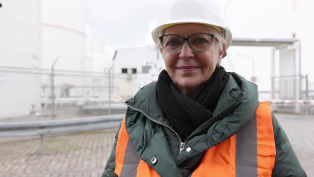 在炼油厂穿防护工作服的女工程师视频下载