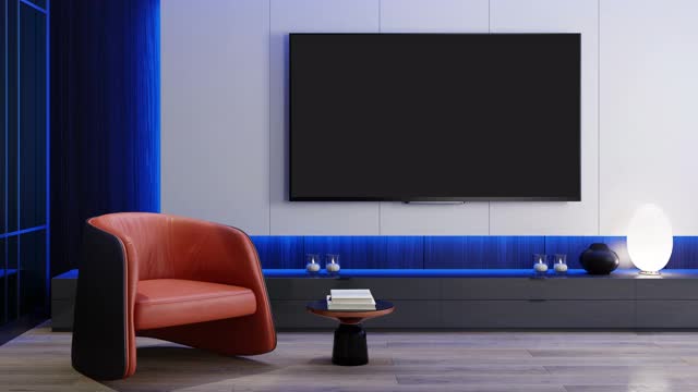 RGB灯蓝色到粉红色快速循环-电视房现代极简主义的内部配备8K电视视频素材