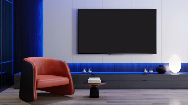 RGB灯蓝色到粉红色，关闭循环-电视室现代极简主义内部配备8K电视视频下载