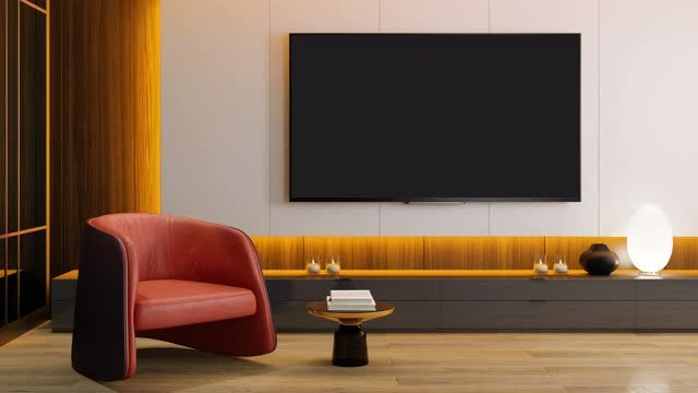 RGB灯黄，红，开，关，循环-电视房现代极简主义的内部配备8K电视视频素材