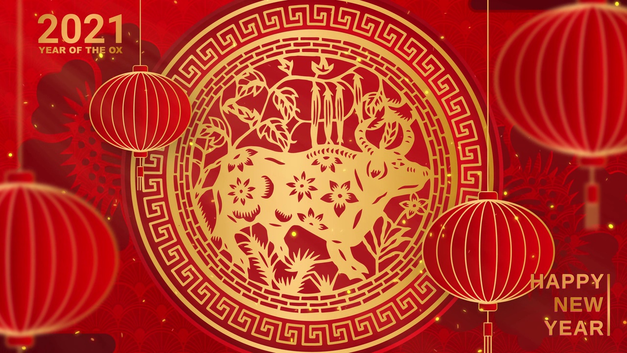 2021年新年快乐，2021年中国新年快乐。在红色的背景上用金色的剪纸艺术和工艺风格。手工艺风格的灯笼和亚洲元素。4K循环视频动画视频素材