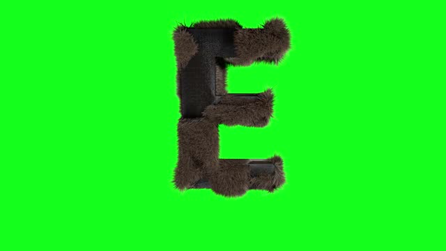 抽象毛茸茸的字母E符号毛茸茸的字母绿色屏幕色度键动画3d视频下载